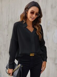 素色落肩袖襯衫 - 黑色 - 查看 7