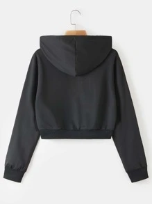 SHEIN EZwear Áo hoodie ngắn Dây kéo Chất rắn - màu đen - Xem 2