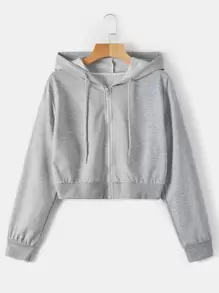 SHEIN EZwear Zip Up Solid Crop Hoodie - Light Grey - View 1