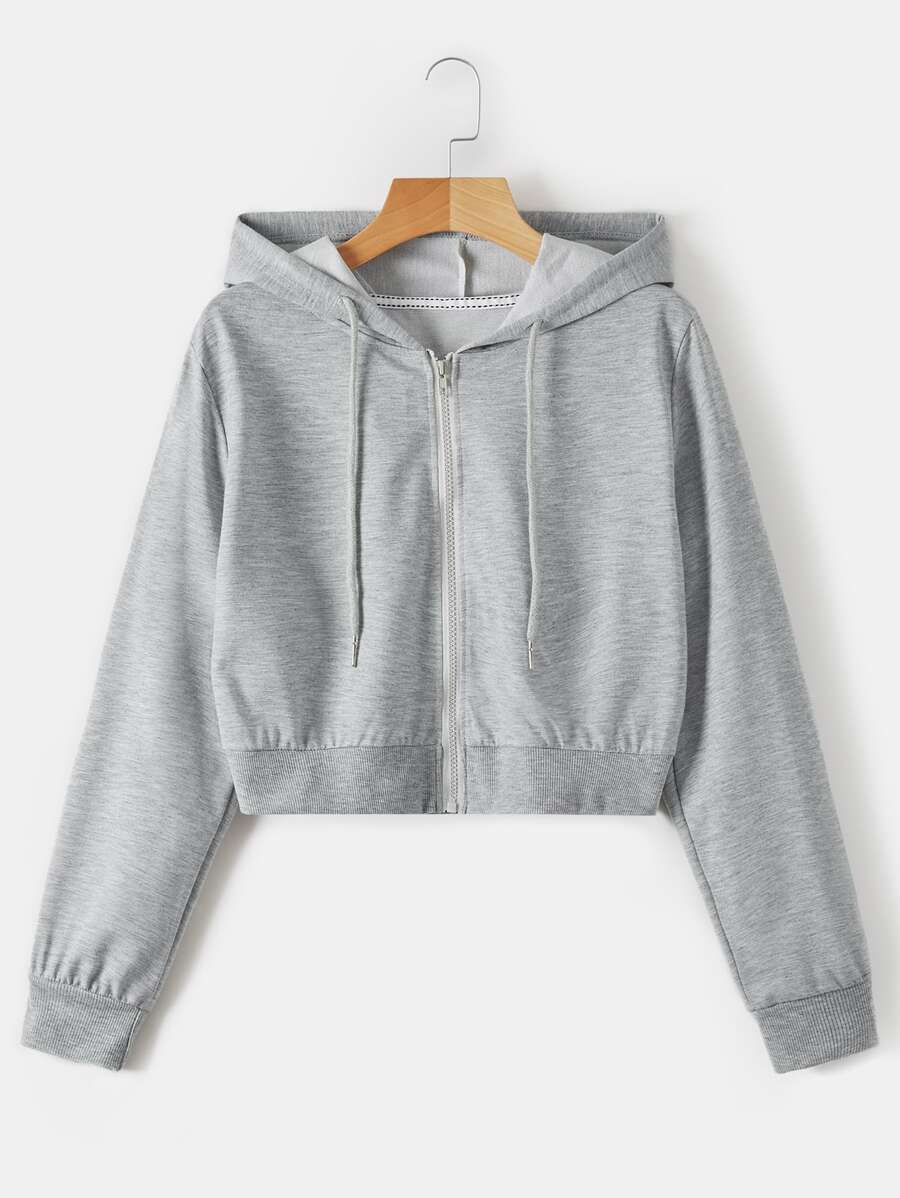 SHEIN EZwear Zip Up Solid Crop Hoodie - Light Grey - View 1