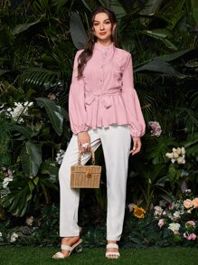 Modelyn 睫毛蕾丝拼接灯笼袖系带衬衫女式衬衫 - 粉色 - 查看 5