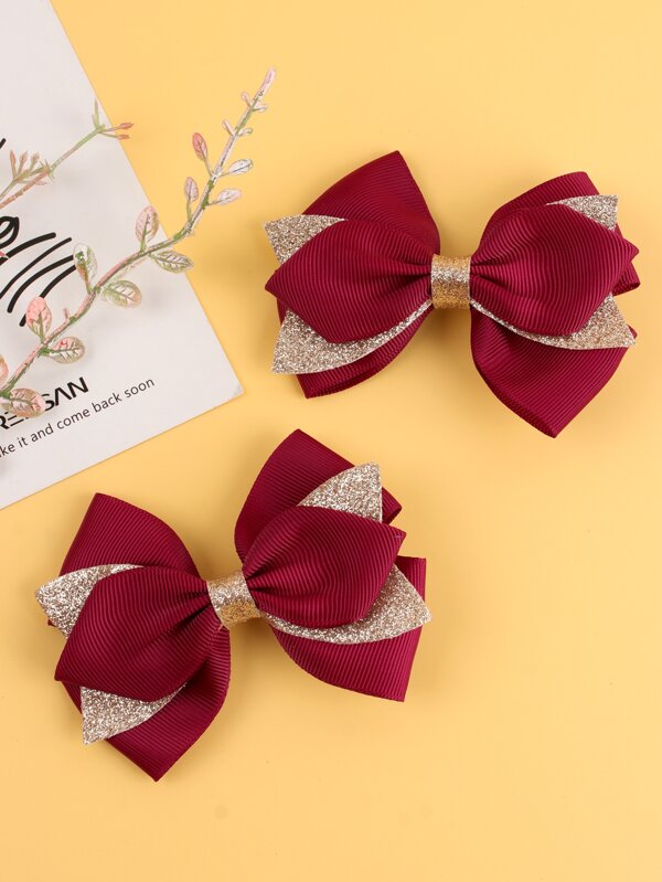 2 件装新年款勃艮第红蝴蝶结儿童发夹