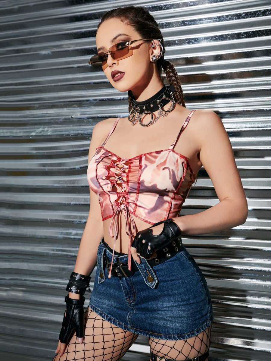 SHEIN ICON 紮染繫帶吊帶上衣 - 彩色 - 查看 1