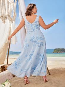 SHEIN Belle Plus Floral Print Belted Bridesmaid Dress - Baby Blue - View 2
