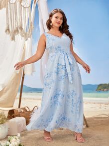 SHEIN Belle Plus Floral Print Belted Bridesmaid Dress - Baby Blue - View 3
