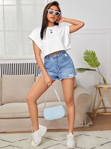 SHEIN EZwear Batwing Sleeve Solid Crop Top - White - View 3