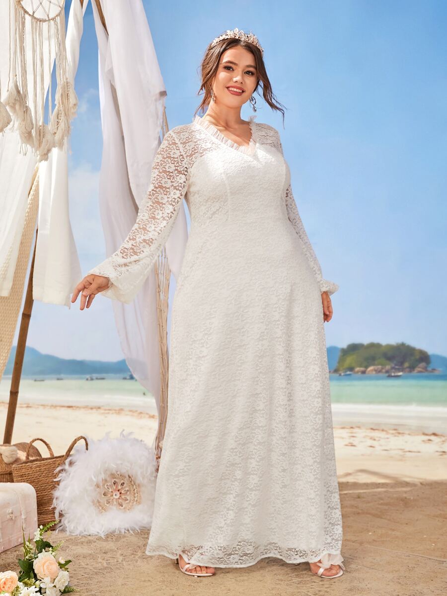 SHEIN Belle Vestido De Novia De Encaje Con Mangas De Farol Y Ribetes De Volantes Para Tallas Grandes - Blanco - Ver 1