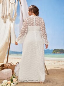 SHEIN Belle Vestido De Novia De Encaje Con Mangas De Farol Y Ribetes De Volantes Para Tallas Grandes - Blanco - Ver 2