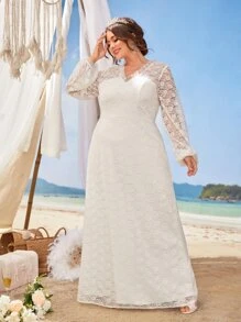 SHEIN Belle Vestido De Novia De Encaje Con Mangas De Farol Y Ribetes De Volantes Para Tallas Grandes - Blanco - Ver 5