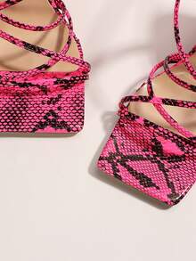 Xăng đan Cao gót Nữ Snakeskin In Ren lên Mốt - Màu Hồng Tươi - Xem 4