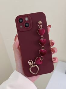 Solid Phone Case With Heart Hand Strap - Burgundy - View 1