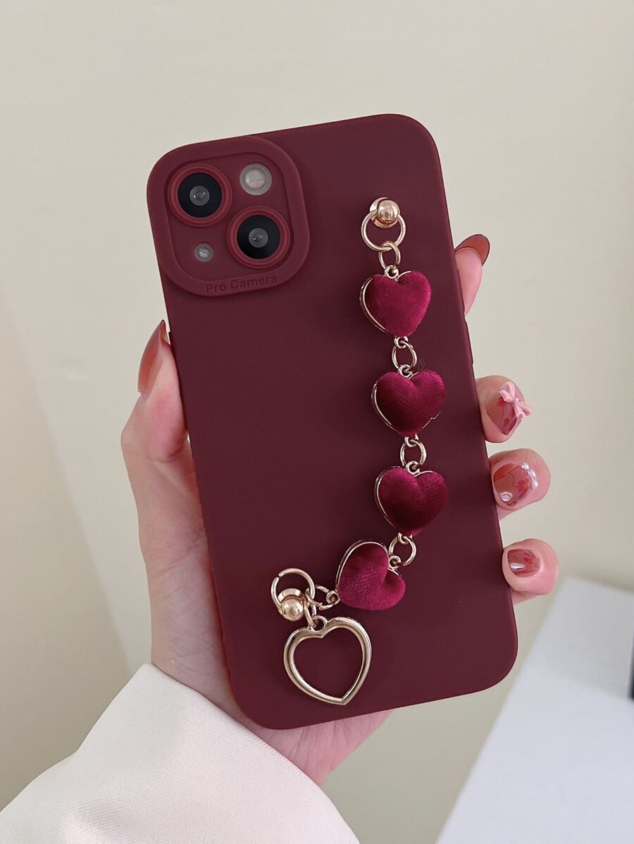 Solid Phone Case With Heart Hand Strap - Burgundy - View 1
