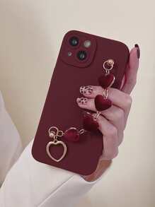 Solid Phone Case With Heart Hand Strap - Burgundy - View 2