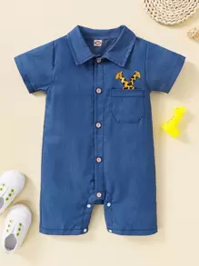 男嬰卡通圖案補丁貼口袋頂針襯衫連體短褲