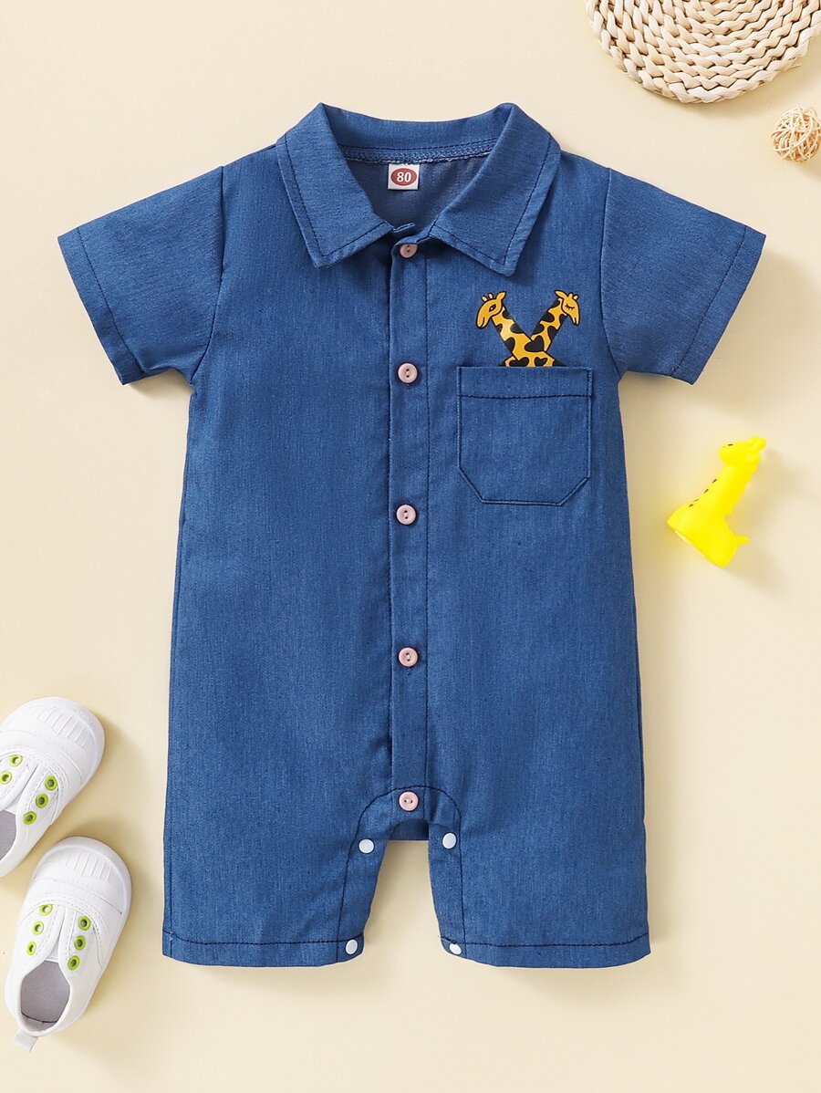男嬰卡通圖案補丁貼口袋頂針襯衫連體短褲