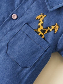 男嬰卡通圖案補丁貼口袋頂針襯衫連體短褲