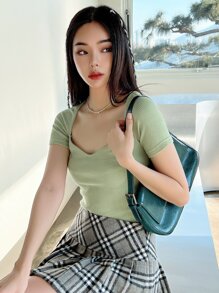 DAZY 雞心領口羅紋針織T恤 - 綠色 - 查看 3