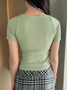 DAZY 雞心領口羅紋針織T恤 - 綠色 - 查看 8