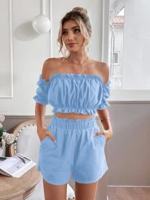Breezaya Bộ đồ hai mảnh nữ viền lá sen Túi màu trơn Boho - Màu xanh nhạt - Xem 3