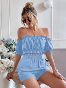 Breezaya Bộ đồ hai mảnh nữ viền lá sen Túi màu trơn Boho - Màu xanh nhạt - Xem 4