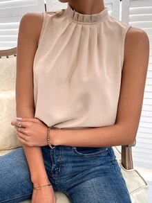 SHEIN Privé Frilled Neck Keyhole Back Blouse - Baby Pink - View 3