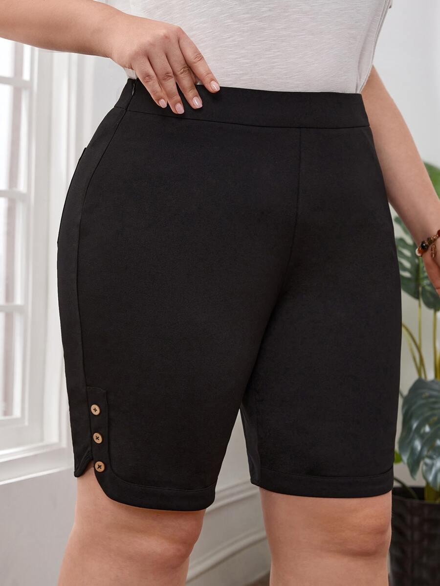 EMERY ROSE 大碼高腰假鈕扣短褲 - 黑色 - 查看 1