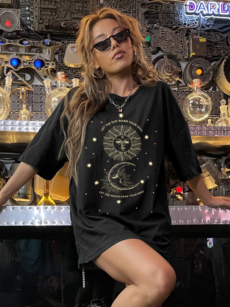 SHEIN Unity Slogan & Sun Print Drop Shoulder Tee - Black - View 1