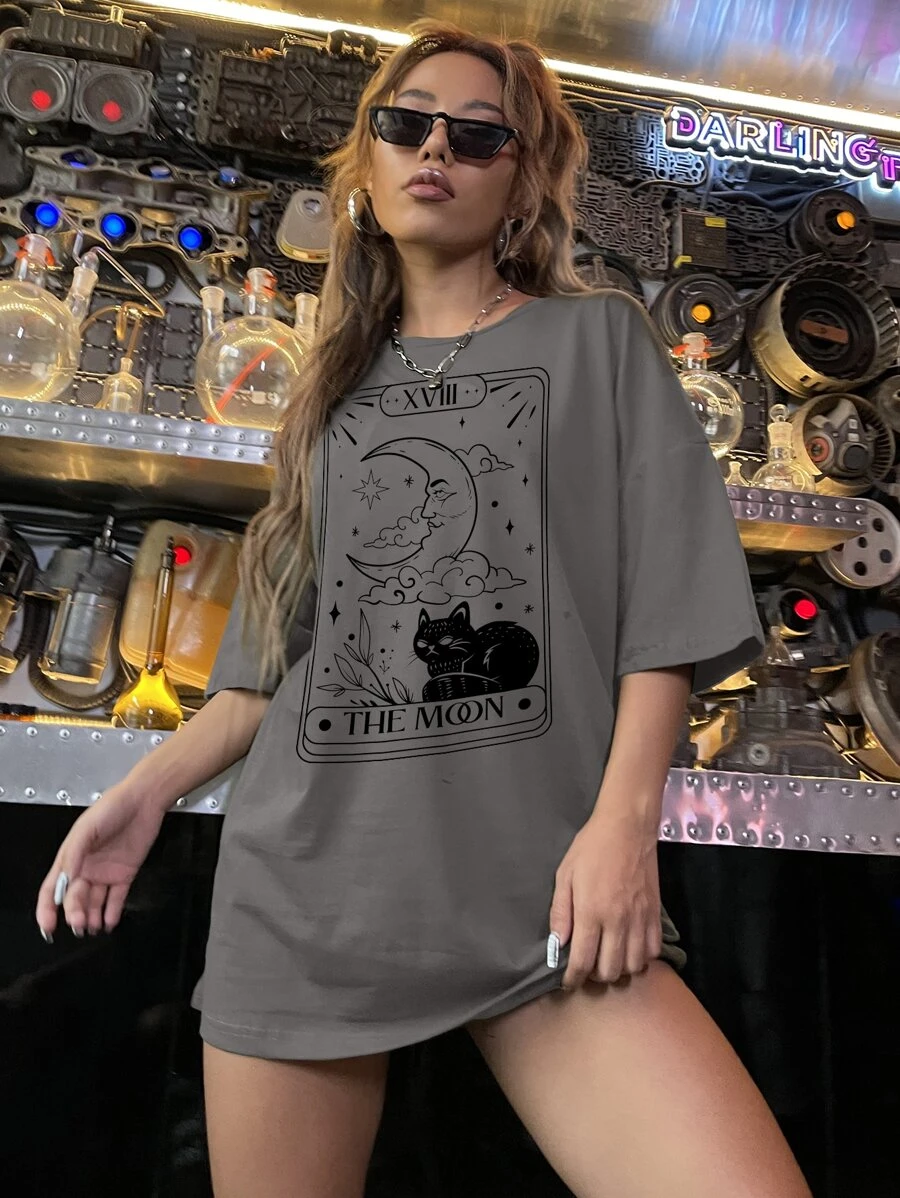 SHEIN Unity Letter & Moon Print Drop Shoulder Tee - Grey - View 1