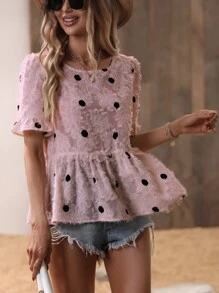 Áo sơ mi nữ Viên lá sen Chấm bi Giải trí - Bụi hồng - Xem 4