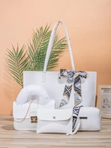 Bộ túi tote thêu hoa văn 4 mảnh Twill Scarf - trắng - Xem 1