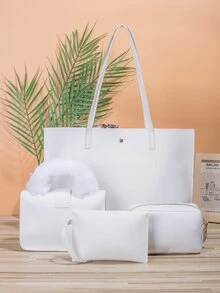 Bộ túi tote thêu hoa văn 4 mảnh Twill Scarf - trắng - Xem 2