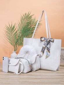 Bộ túi tote thêu hoa văn 4 mảnh Twill Scarf - trắng - Xem 3