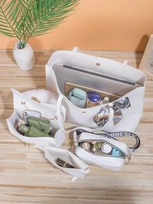 Bộ túi tote thêu hoa văn 4 mảnh Twill Scarf - trắng - Xem 4