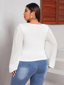 SHEIN Privé Áo sơ mi Plus Size Xù Nếp gấp Phần Ngực màu trơn Thanh lịch - trắng - Xem 2