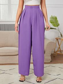 SHEIN PETITE Quần ống rộng xếp ly cạp cao - Màu Lilac Tím - Xem 3