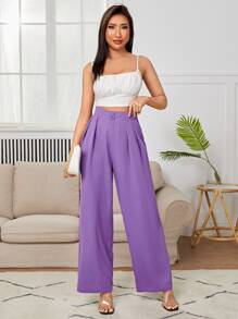 SHEIN PETITE Quần ống rộng xếp ly cạp cao - Màu Lilac Tím - Xem 4
