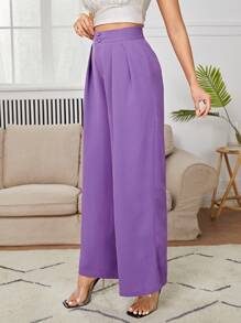 SHEIN PETITE Quần ống rộng xếp ly cạp cao - Màu Lilac Tím - Xem 5