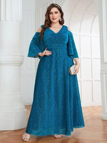 SHEIN Belle Vestido de dama de honor de hombros descubiertos fruncido brillante - Azul - Ver 1