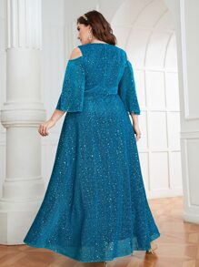 SHEIN Belle Vestido de dama de honor de hombros descubiertos fruncido brillante - Azul - Ver 2