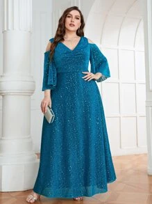 SHEIN Belle Vestido de dama de honor de hombros descubiertos fruncido brillante - Azul - Ver 3