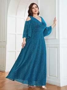 SHEIN Belle Vestido de dama de honor de hombros descubiertos fruncido brillante - Azul - Ver 4