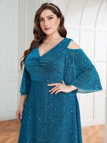 SHEIN Belle Vestido de dama de honor de hombros descubiertos fruncido brillante - Azul - Ver 5
