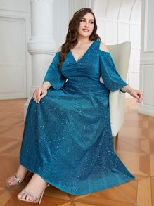 SHEIN Belle Vestido de dama de honor de hombros descubiertos fruncido brillante - Azul - Ver 6