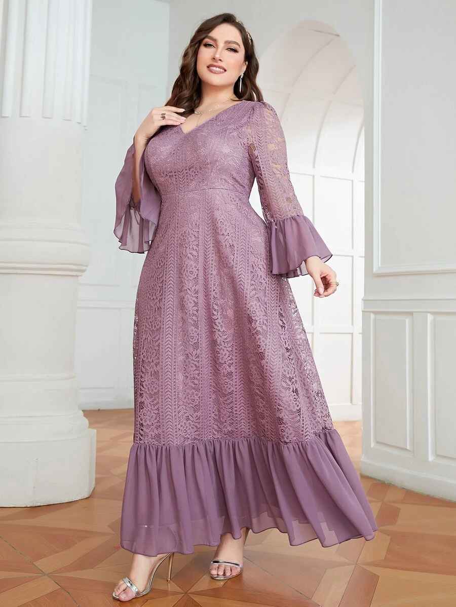 SHEIN Belle Plus Flounce Sleeve Ruffle Hem Lace Bridesmaid Dress - Purple - View 1