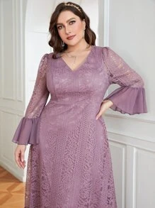 SHEIN Belle Plus Flounce Sleeve Ruffle Hem Lace Bridesmaid Dress - Purple - View 3