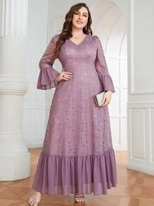 SHEIN Belle Plus Flounce Sleeve Ruffle Hem Lace Bridesmaid Dress - Purple - View 4