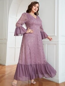 SHEIN Belle Plus Flounce Sleeve Ruffle Hem Lace Bridesmaid Dress - Purple - View 6