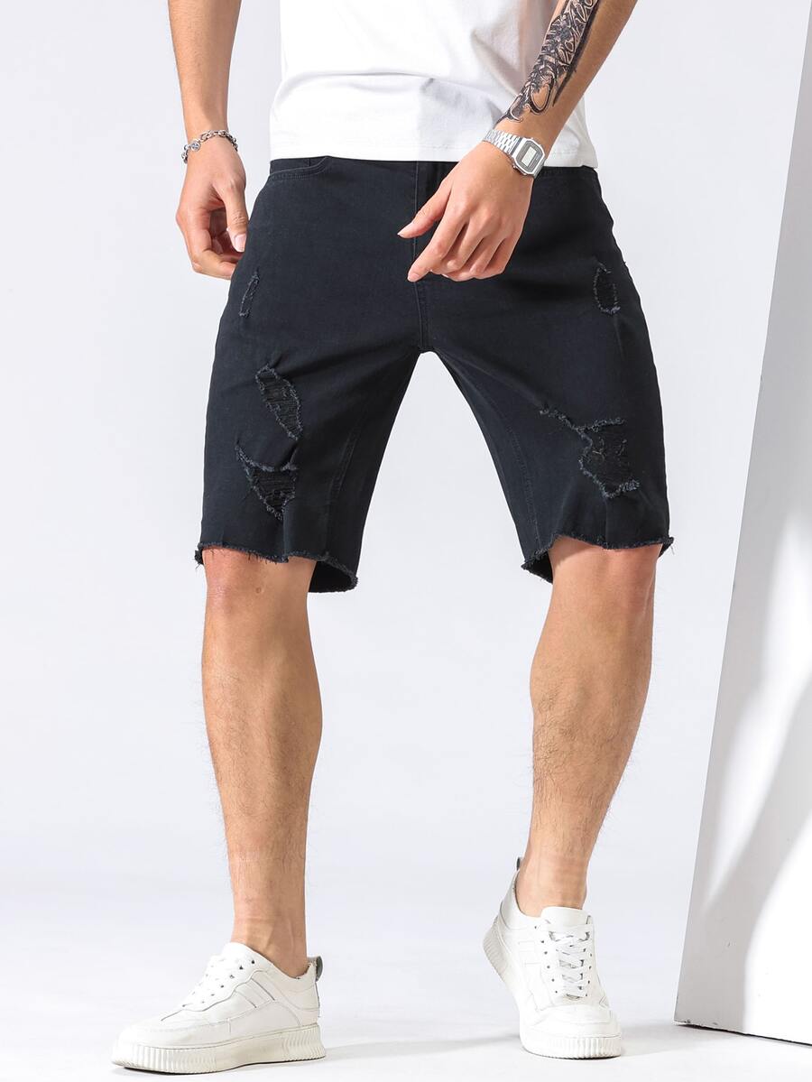 Manfinity Hombres Shorts mezclilla bermuda desgarro ribete crudo - Negro - Ver 1