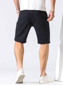Manfinity Hombres Shorts mezclilla bermuda desgarro ribete crudo - Negro - Ver 2
