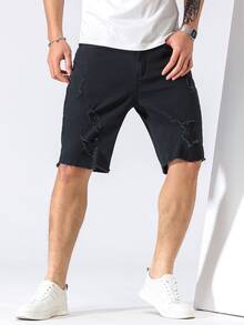 Manfinity Hombres Shorts mezclilla bermuda desgarro ribete crudo - Negro - Ver 4
